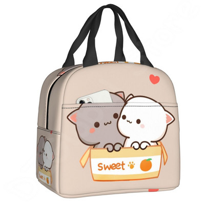 Pár Mochi Cat szigetelt ebédtáska Barack és Goma Thermal Lunch Box Hordozható hűtőtáska gyerekeknek Női iskolai munka