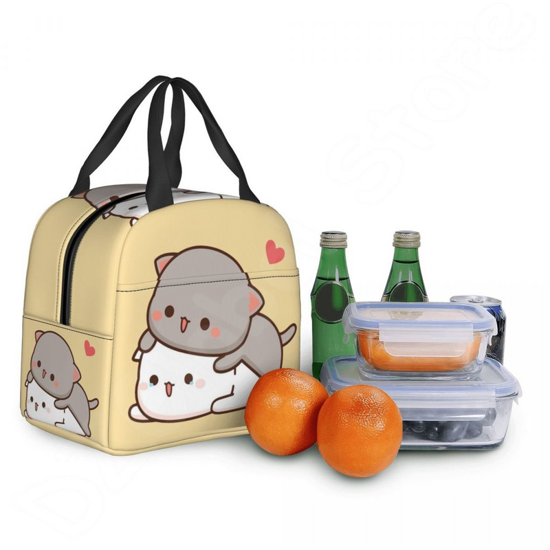 Pár Mochi Cat szigetelt ebédtáska Barack és Goma Thermal Lunch Box Hordozható hűtőtáska gyerekeknek Női iskolai munka