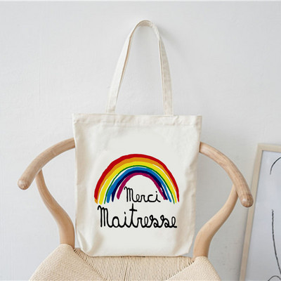 Merci francia nyomtatott minta divat női vászon bevásárlótáska Harajuku válltáskák bevásárló lányok kézitáska női vászontáska