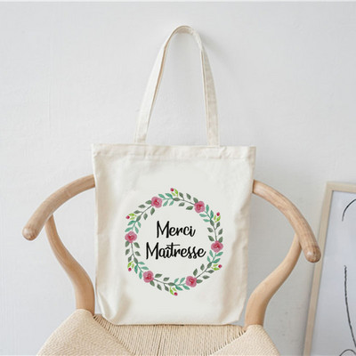 Merci francia nyomtatott minta divat női vászon bevásárlótáska Harajuku válltáskák bevásárló lányok kézitáska női vászontáska