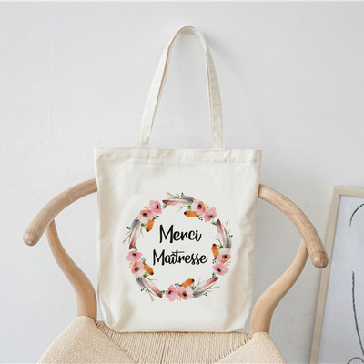 Merci francia nyomtatott minta divat női vászon bevásárlótáska Harajuku válltáskák bevásárló lányok kézitáska női vászontáska