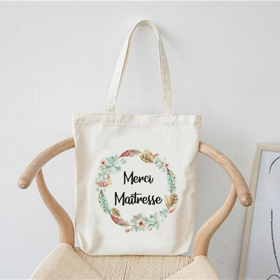 Merci francia nyomtatott minta divat női vászon bevásárlótáska Harajuku válltáskák bevásárló lányok kézitáska női vászontáska