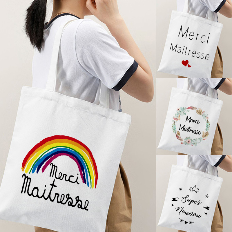 Merci francia nyomtatott minta divat női vászon bevásárlótáska Harajuku válltáskák bevásárló lányok kézitáska női vászontáska