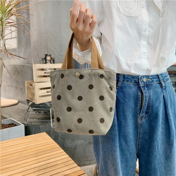 Κοτλέ ρετρό τσάντα Literary Student Point Checkerboard Lunch Bag Portable Lunch Box Mini Tote Bag Female Bolsas De Almuerzo