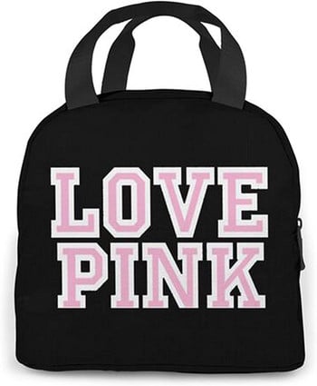 Love Pink Μαύρη φορητή μονωμένη τσάντα μεσημεριανού γεύματος Αδιάβροχη τσάντα Bento Τσάντες μεσημεριανό τσαντάκι για γυναίκες Κουτί μεσημεριανού γεύματος για πικ-νικ στο σχολείο εργασίας