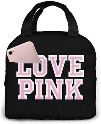 Love Pink Μαύρη φορητή μονωμένη τσάντα μεσημεριανού γεύματος Αδιάβροχη τσάντα Bento Τσάντες μεσημεριανό τσαντάκι για γυναίκες Κουτί μεσημεριανού γεύματος για πικ-νικ στο σχολείο εργασίας