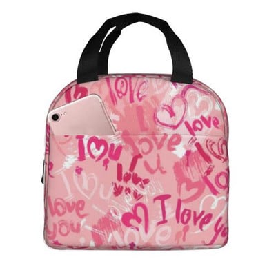 Love Pink Black Geantă de prânz portabilă izolată Tote impermeabilă Genți Bento Geantă de prânz pentru femei Cutie de prânz pentru picnic la serviciu și școală