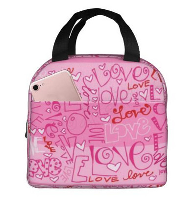 Love Pink Black Geantă de prânz portabilă izolată Tote impermeabilă Genți Bento Geantă de prânz pentru femei Cutie de prânz pentru picnic la serviciu și școală
