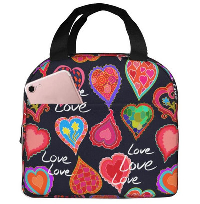 Love Pink Black Geantă de prânz portabilă izolată Tote impermeabilă Genți Bento Geantă de prânz pentru femei Cutie de prânz pentru picnic la serviciu și școală