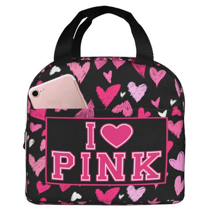 Love Pink Black Geantă de prânz portabilă izolată Tote impermeabilă Genți Bento Geantă de prânz pentru femei Cutie de prânz pentru picnic la serviciu și școală