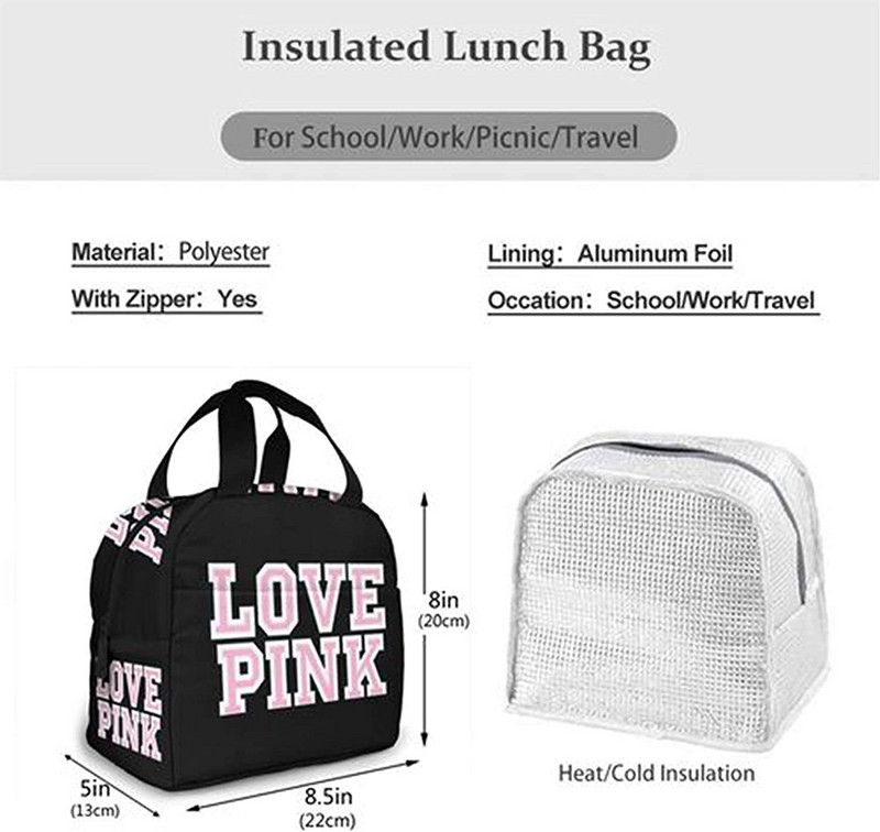 Love Pink Black Geantă de prânz portabilă izolată Tote impermeabilă Genți Bento Geantă de prânz pentru femei Cutie de prânz pentru picnic la serviciu și școală