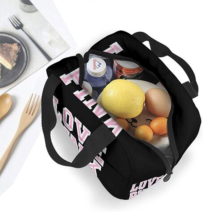 Love Pink Black Geantă de prânz portabilă izolată Tote impermeabilă Genți Bento Geantă de prânz pentru femei Cutie de prânz pentru picnic la serviciu și școală