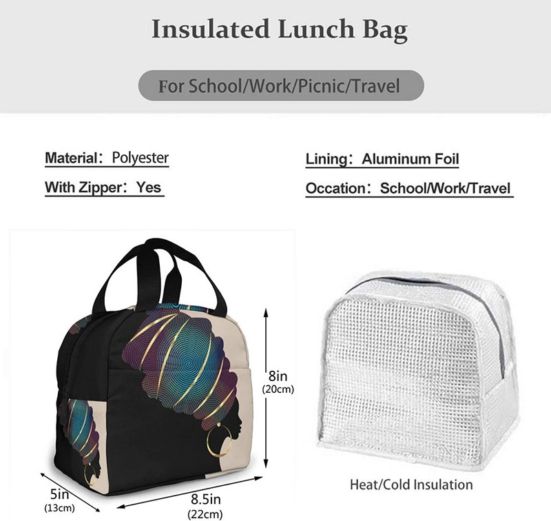 Afroamerička ženska izolirana torba za ručak otporna na curenje, afrička crna djevojka, kutija za ručak s patentnim zatvaračem za žene, muškarce, piknik ured