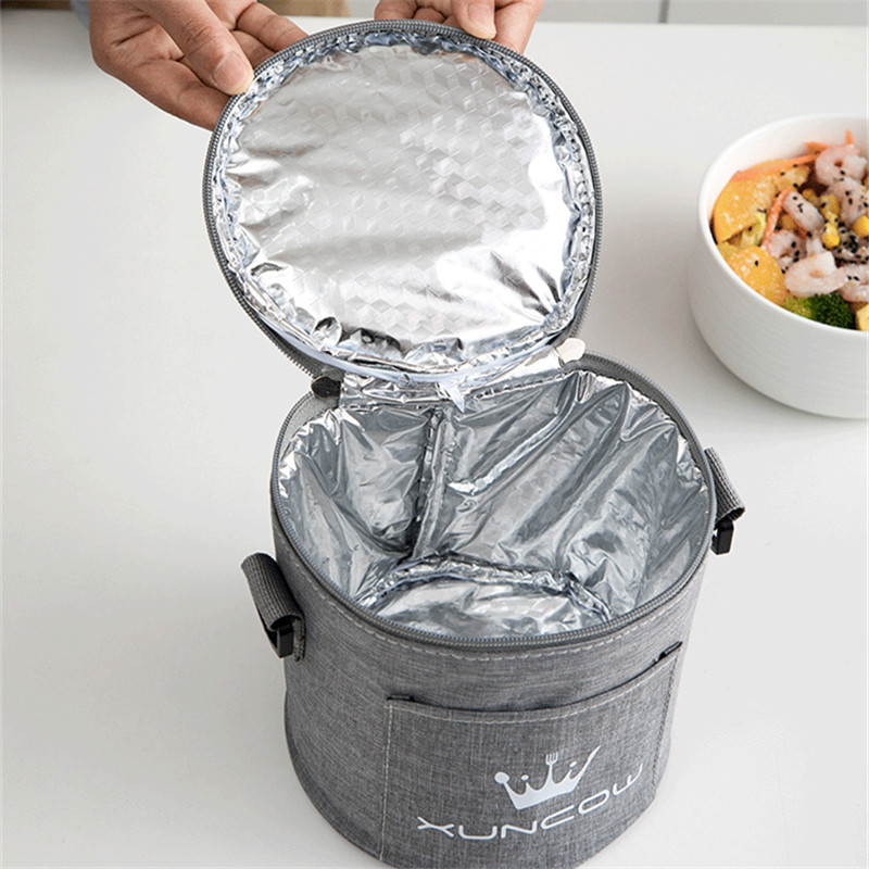 3 méretű hordozható, kerek hordós termikus ebédtáska diák irodai dolgozónak, szigetelt hűtődobozos ételtartó vállpánttal