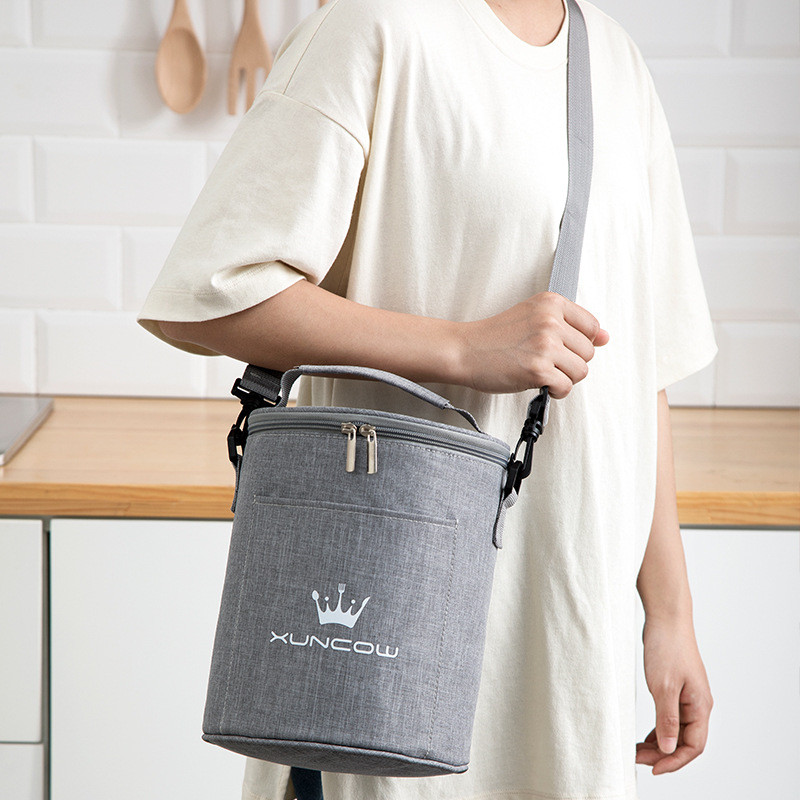 3 méretű hordozható, kerek hordós termikus ebédtáska diák irodai dolgozónak, szigetelt hűtődobozos ételtartó vállpánttal