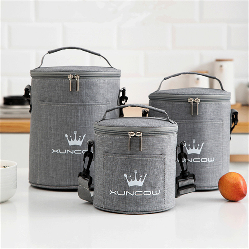 3 méretű hordozható, kerek hordós termikus ebédtáska diák irodai dolgozónak, szigetelt hűtődobozos ételtartó vállpánttal