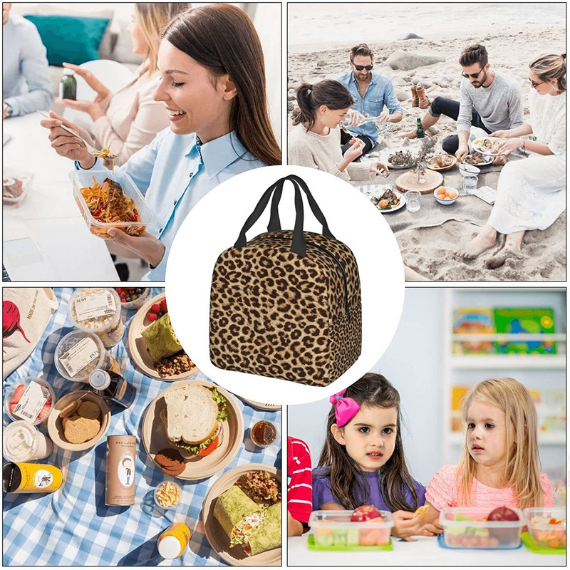 Leopard Print Ebédtáska Szigetelt újrafelhasználható Ebéddoboz Thermal Tote Bag konténer Hűtőtáska Női Férfi Utazás Piknik Beach