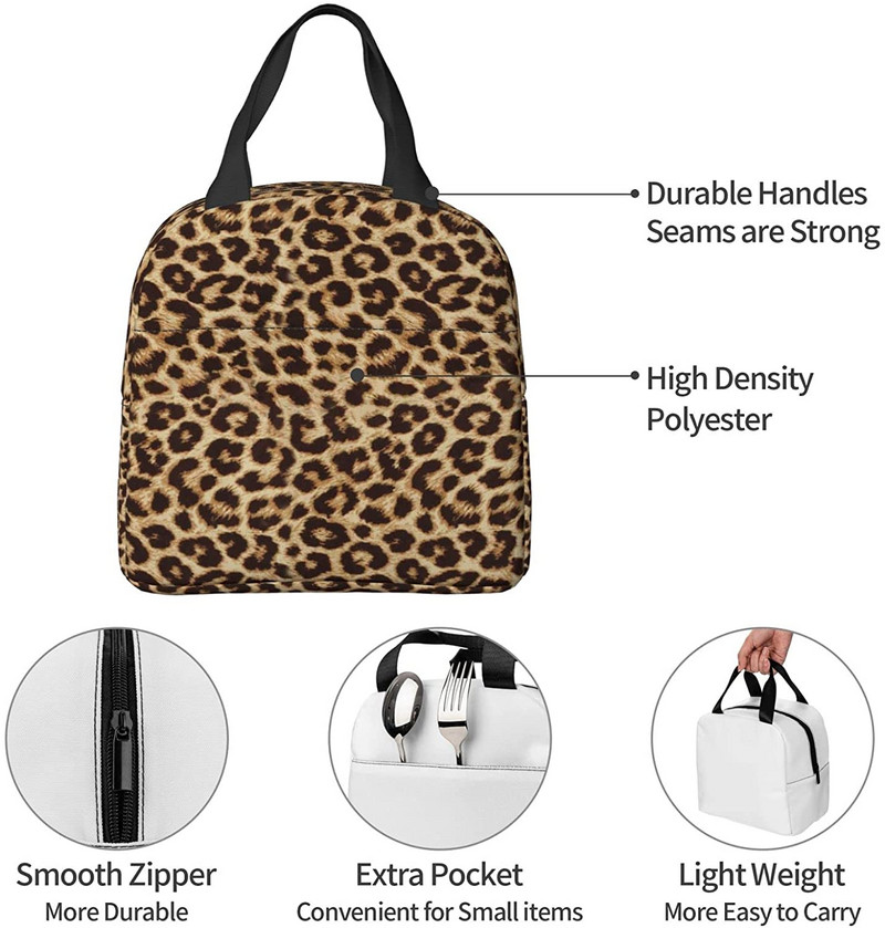 Leopard Print Ebédtáska Szigetelt újrafelhasználható Ebéddoboz Thermal Tote Bag konténer Hűtőtáska Női Férfi Utazás Piknik Beach