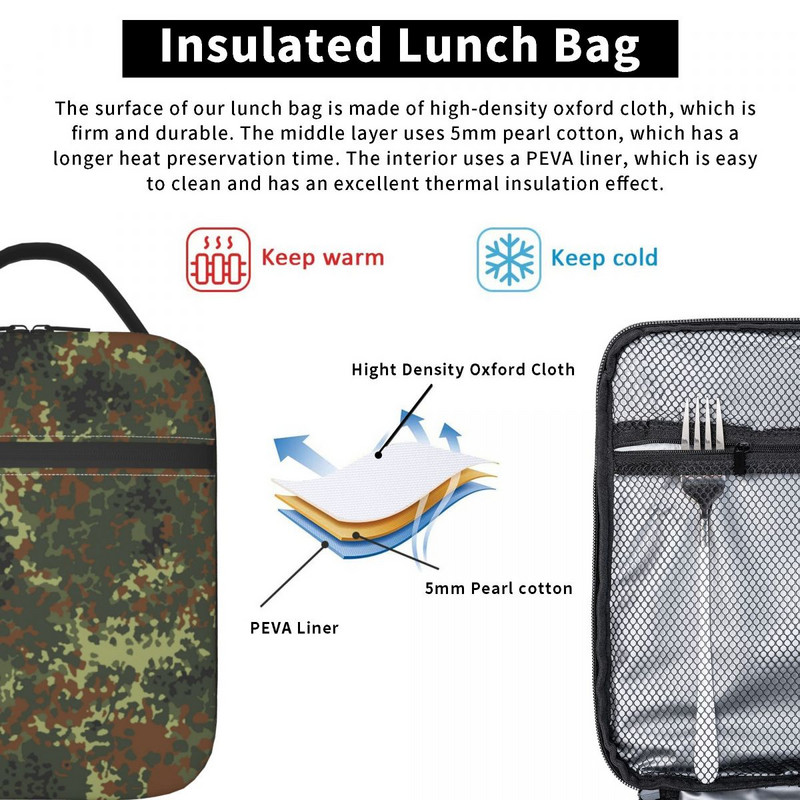 Geantă de prânz izolată Camo pentru femei, impermeabilă, militară, de camuflaj, Geanta termică pentru prânz, pe plajă, camping, călătorie