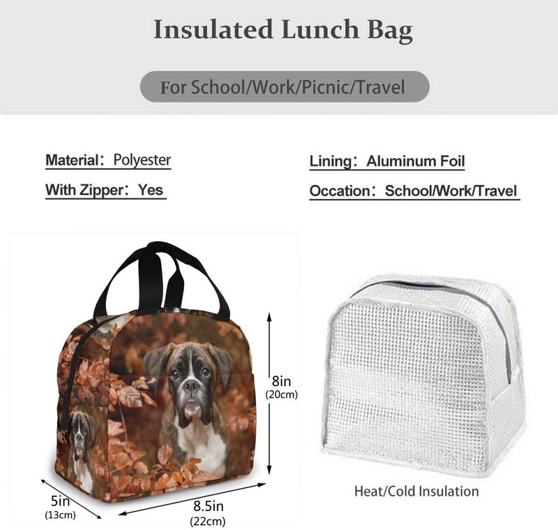 Vízálló ételkészítő doboz cipzáras boxer kutyákkal, őszi szivárgásmentes, újrafelhasználható szigetelt, tartós hűtő ebédtáska