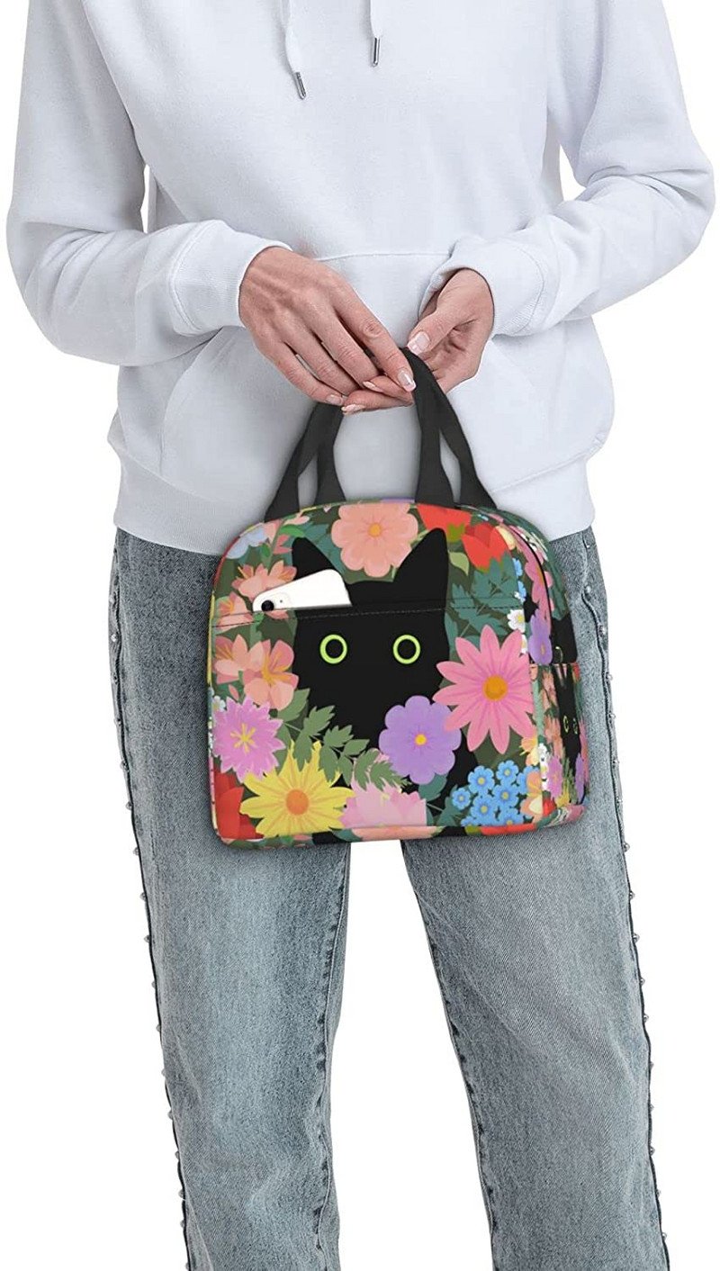 Drăguță pisică colorată cu imprimeu de flori saci de prânz pentru femei băiat fată cutie de prânz izolată reutilizabilă, potrivită pentru muncă, picnic, birou, plajă