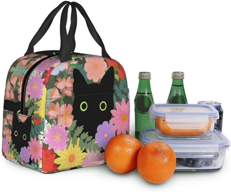 Drăguță pisică colorată cu imprimeu de flori saci de prânz pentru femei băiat fată cutie de prânz izolată reutilizabilă, potrivită pentru muncă, picnic, birou, plajă