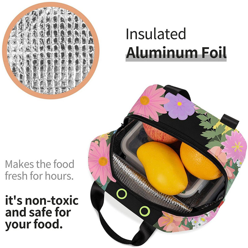 Drăguță pisică colorată cu imprimeu de flori saci de prânz pentru femei băiat fată cutie de prânz izolată reutilizabilă, potrivită pentru muncă, picnic, birou, plajă