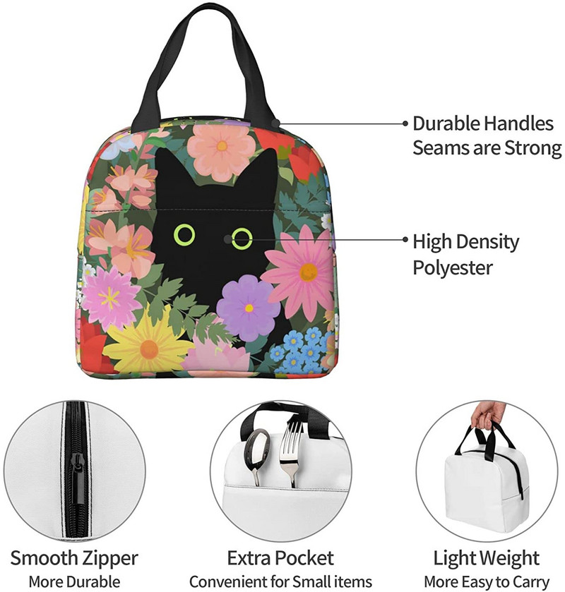 Drăguță pisică colorată cu imprimeu de flori saci de prânz pentru femei băiat fată cutie de prânz izolată reutilizabilă, potrivită pentru muncă, picnic, birou, plajă