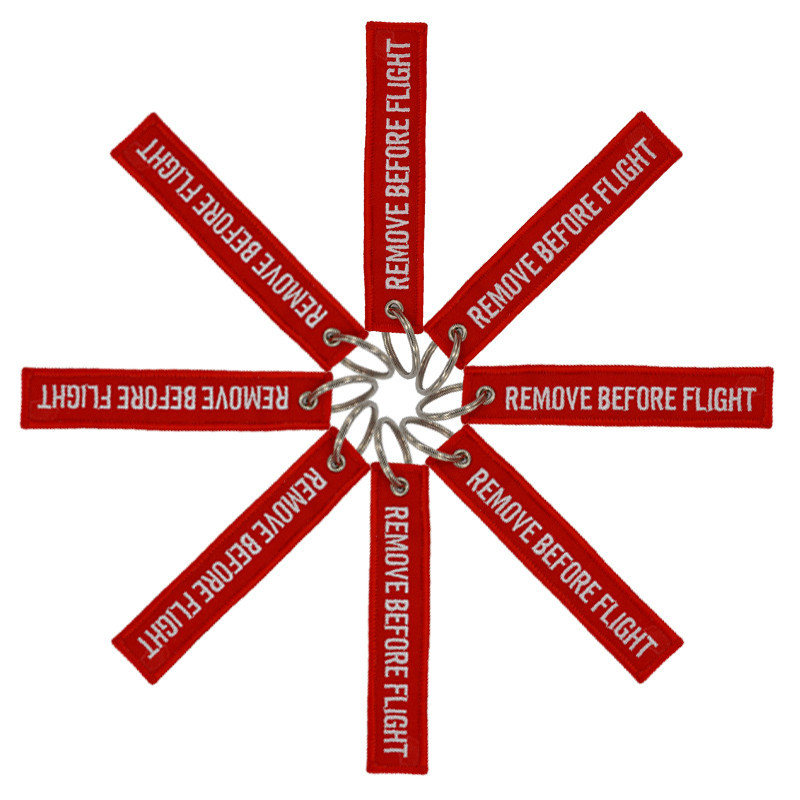 Pirms lidojuma noņemt Chaveiro atslēgu piekariņu automašīnām Sarkans atslēgu piekariņi OEM atslēgu piekariņi Rotaslietas Aviācijas etiķetes Izšūšanas atslēgu piekariņi 5 gab.