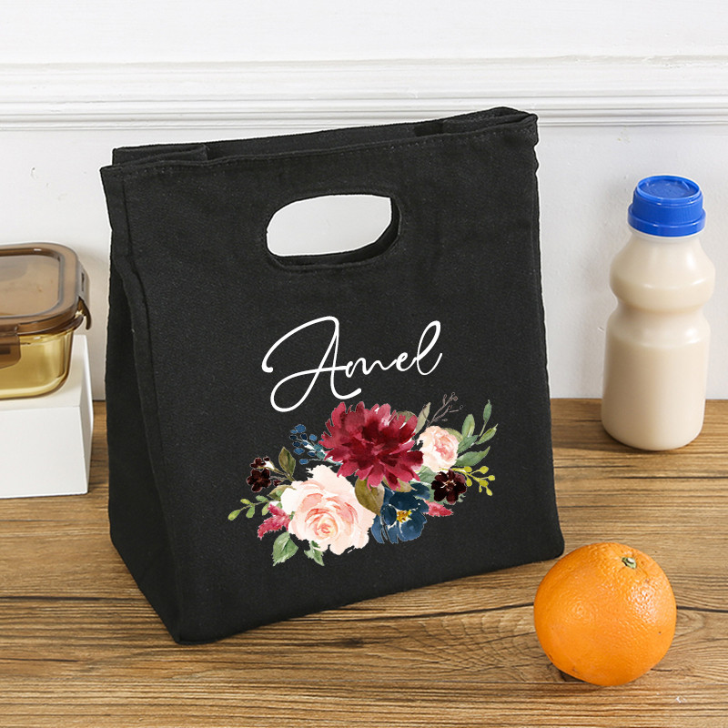 Personalizirani prilagođeni cvijet s imenom Torba za ručak Izolirane platnene rashladne torbe Termalna torbica za spremanje hrane za piknik Pokloni za žene