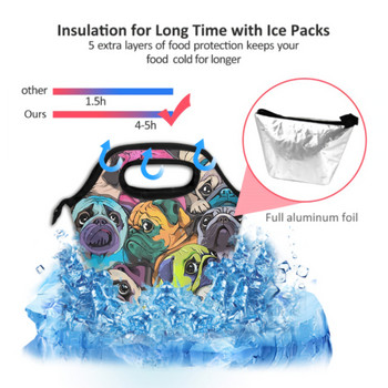 Чанта за обяд на мопс Цветно куче Изолиран охладител за домашни любимци Преносима анимационна кутия с лице на животно Кутия за обяд Дамска чанта за пикник с цип за работа Училище