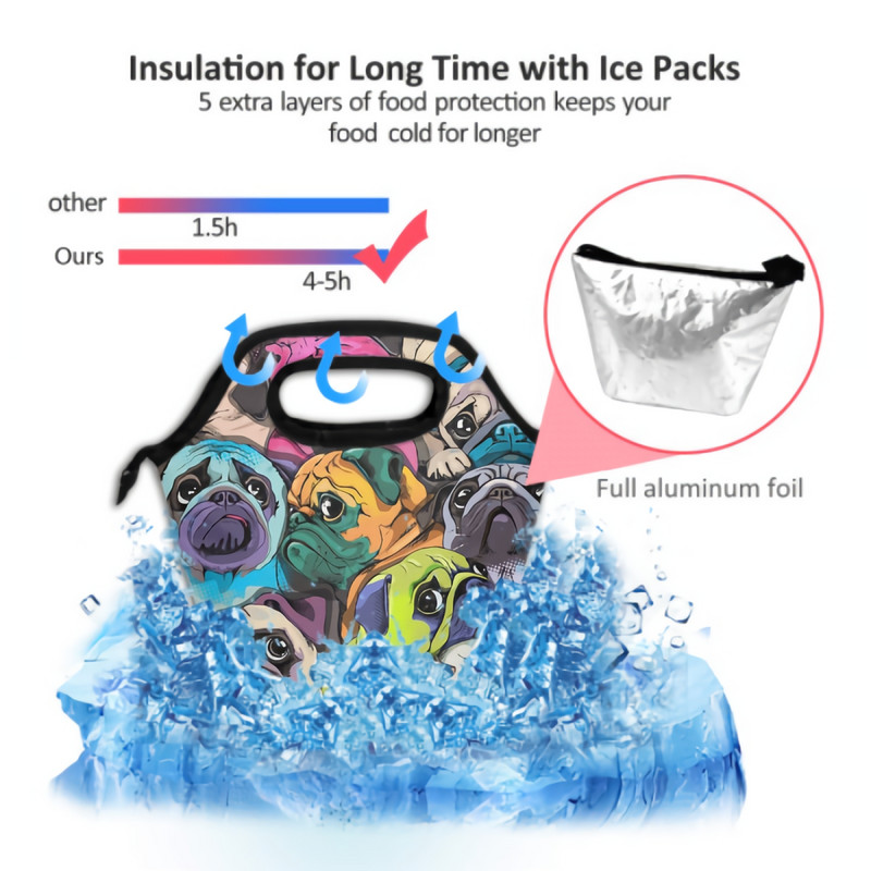 Geantă de prânz pentru câine colorat pentru animale de companie Frigorific portabil cu față de animal din desene animate Cutie de prânz cu fermoar Picnic Geantă de mână pentru școală de lucru