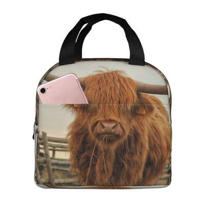 Highland Cow Funny Bull geantă termică de prânz drăguț Western Wildlife Portret de animale Genți Bento Cutie de prânz izolată pentru școală de lucru