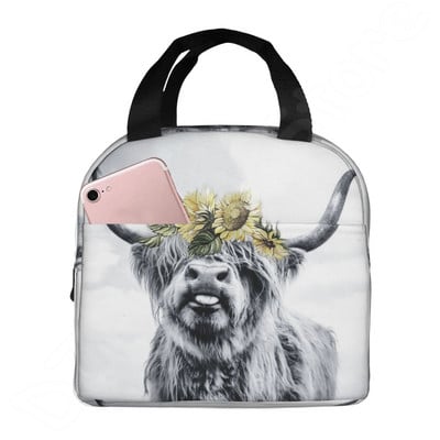 Highland Cow Funny Bull geantă termică de prânz drăguț Western Wildlife Portret de animale Genți Bento Cutie de prânz izolată pentru școală de lucru