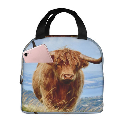Highland Cow Funny Bull geantă termică de prânz drăguț Western Wildlife Portret de animale Genți Bento Cutie de prânz izolată pentru școală de lucru