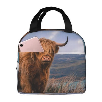 Highland Cow Funny Bull geantă termică de prânz drăguț Western Wildlife Portret de animale Genți Bento Cutie de prânz izolată pentru școală de lucru