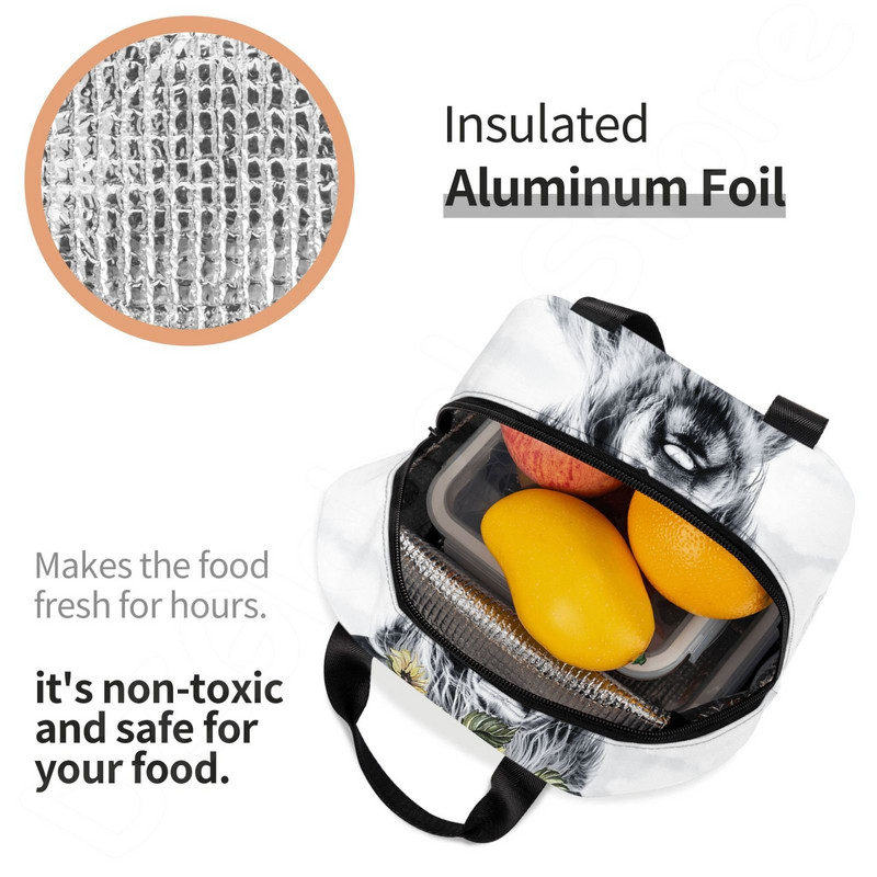 Highland Cow Funny Bull geantă termică de prânz drăguț Western Wildlife Portret de animale Genți Bento Cutie de prânz izolată pentru școală de lucru