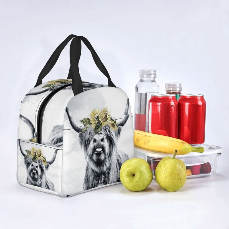 Highland Cow Funny Bull geantă termică de prânz drăguț Western Wildlife Portret de animale Genți Bento Cutie de prânz izolată pentru școală de lucru