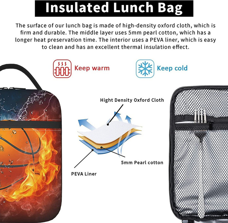 Tűz és víz kosárlabda ebédtáska szigetelt ebédlődoboz hűtőtáska vállpánttal fiúknak lányoknak női férfiaknak