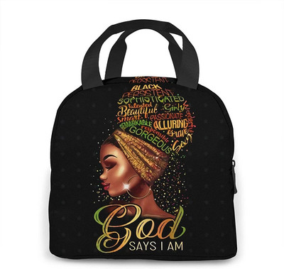 Fekete királynő afro-amerikai lány ebédtáska tote étkezési táska újrafelhasználható szigetelt hordozható afro fekete lány ebédlődobozos kézitáskák