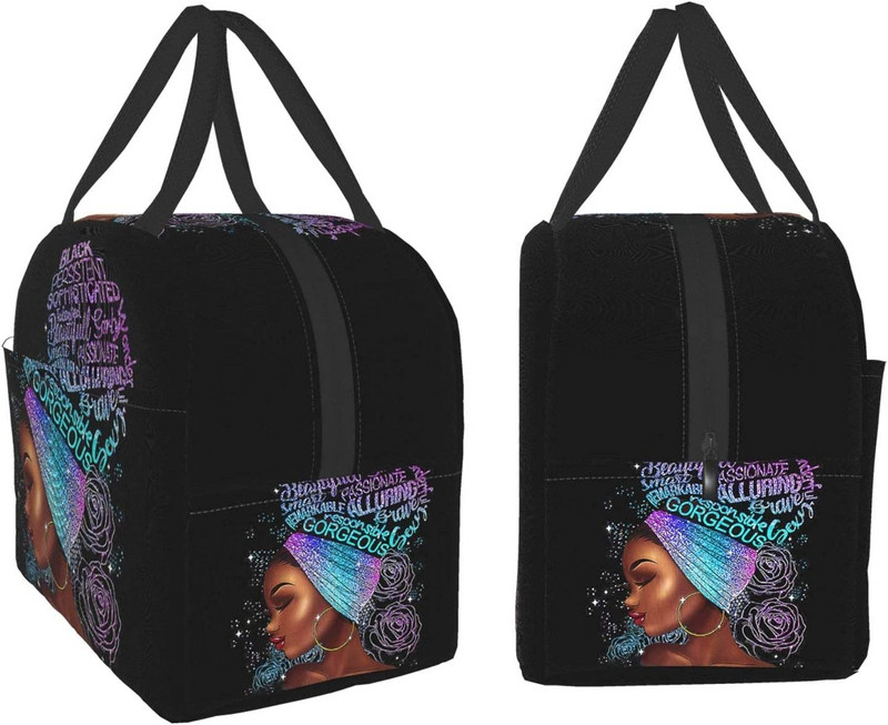 Fekete királynő afro-amerikai lány ebédtáska tote étkezési táska újrafelhasználható szigetelt hordozható afro fekete lány ebédlődobozos kézitáskák