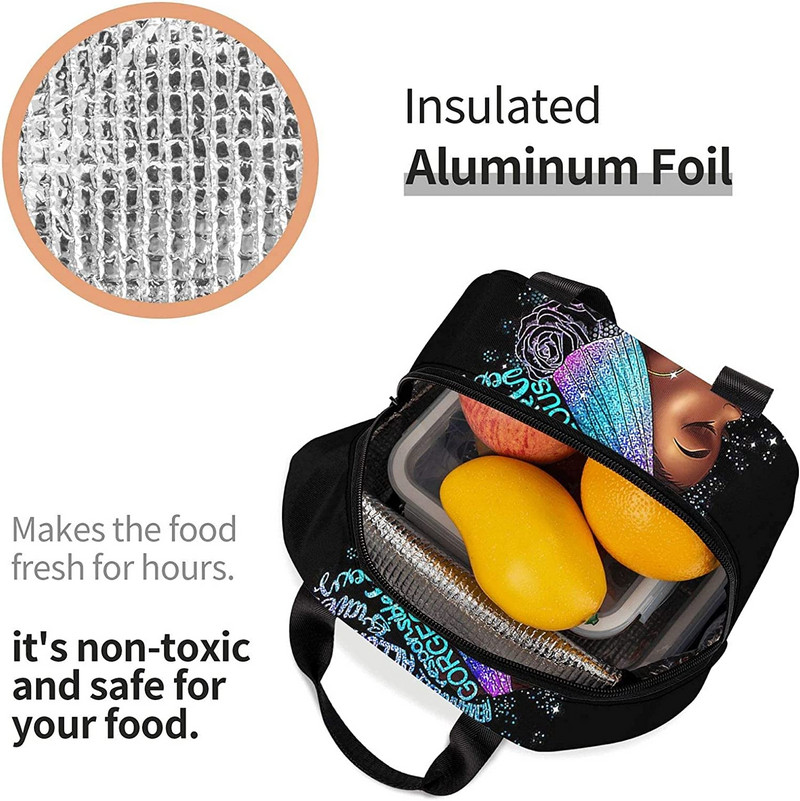 Fekete királynő afro-amerikai lány ebédtáska tote étkezési táska újrafelhasználható szigetelt hordozható afro fekete lány ebédlődobozos kézitáskák