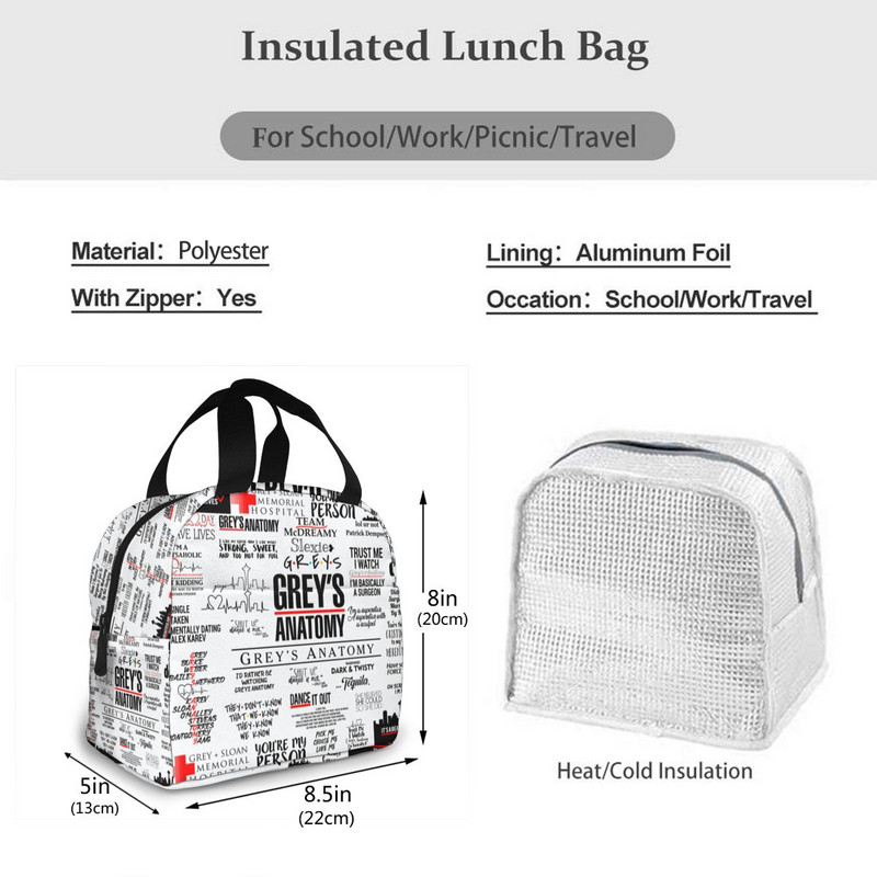 Grey's Anatomy Print Gydytojai Slaugytojai Izoliuotas pietų krepšys Moterims Slaugytojų Dėklas Maisto Dėklas Aušintuvas Šiltas Bento Rankinė Vaikams Mažas Pietų krepšys