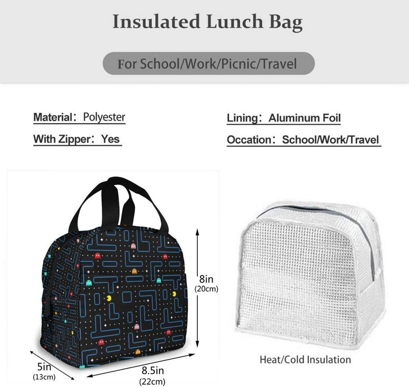Torba za ručak s retro arkadnim igrama za žene, djevojke, djecu, izolirana torbica za piknik, termalna torbica za hlađenje Bento slatka torba za pripremu obroka