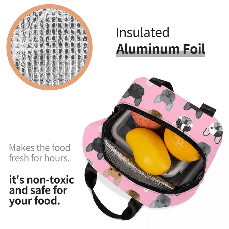 Prancūzų buldogų priešpiečių dėžutės moterims, atsparios vandeniui mielas šunų terminis aušintuvas maistui izoliuotas pietų krepšys, mokyklinis vaikas, studentas