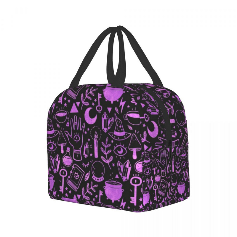 Geantă de prânz mov cu textura personalizată Witchy Things, cutie de prânz termoizolante pentru femei, pentru școală pentru copii