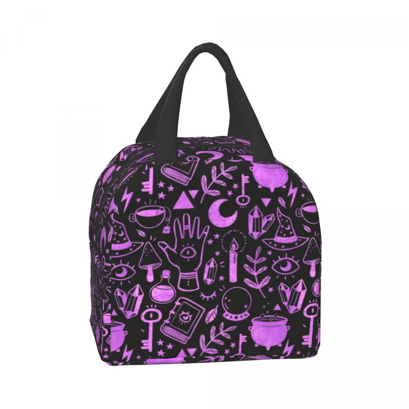 Geantă de prânz mov cu textura personalizată Witchy Things, cutie de prânz termoizolante pentru femei, pentru școală pentru copii