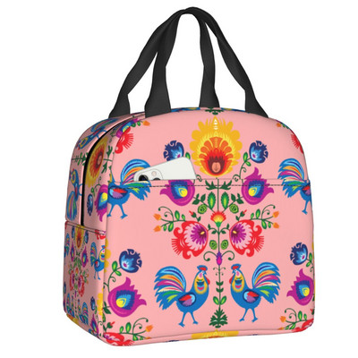 Polijas Tautas gaiļu pusdienu soma Sieviešu dzesētāja termoizolēta poļu ziedu apdrukas pusdienu kastīte bērniem Skolas pārtikas piknika somas