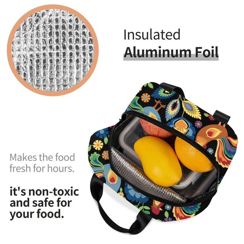 Polijas Tautas gaiļu pusdienu soma Sieviešu dzesētāja termoizolēta poļu ziedu apdrukas pusdienu kastīte bērniem Skolas pārtikas piknika somas