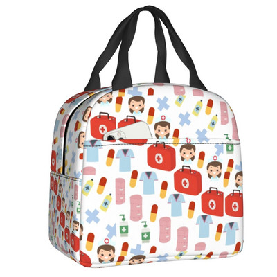 Stetoscop cu model de inimă, pungi izolate pentru prânz, asistentă de desene animate, care alăptează, refrigerator portabil, cutie termică bento pentru copii, școlari